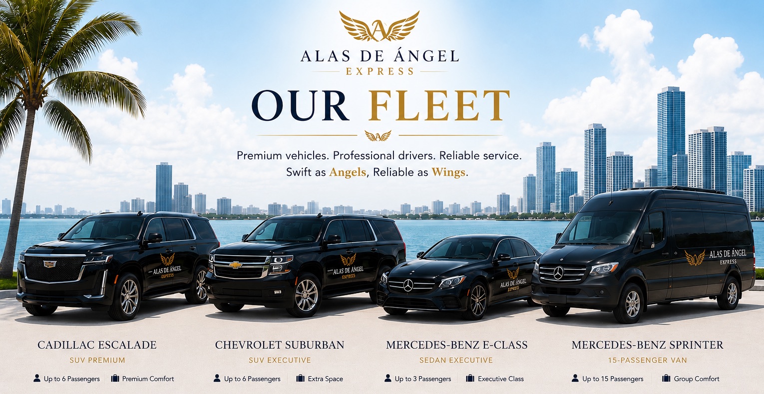 Alas de Ángel Express premium fleet — Cadillac Escalade, Chevrolet Suburban, Mercedes-Benz E-Class and Sprinter